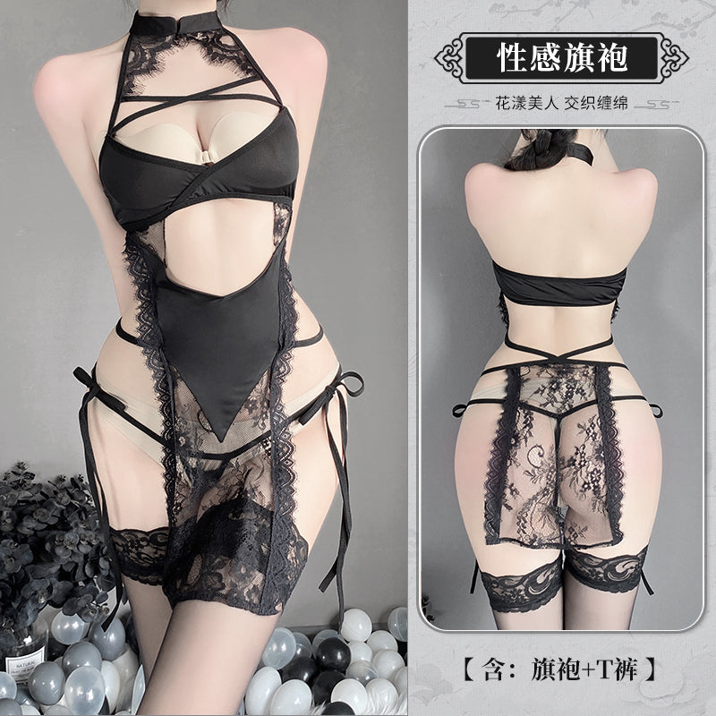 BT2574-情趣內衣透視掛脖綁帶蕾絲旗袍款