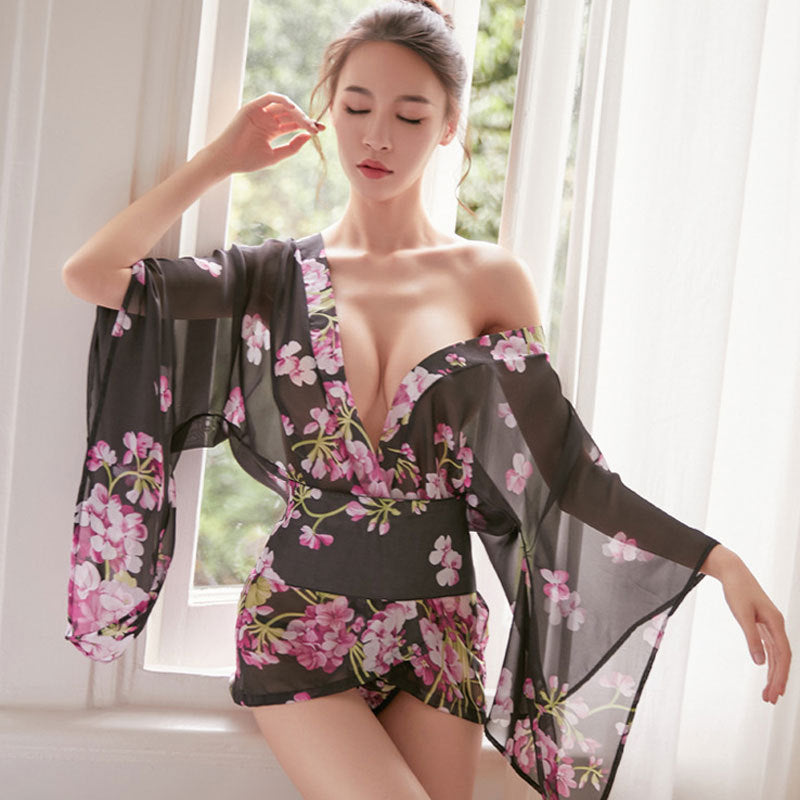 BT2213-情趣內衣透明蕾絲日式和服低胸網紗誘惑復古性感睡衣