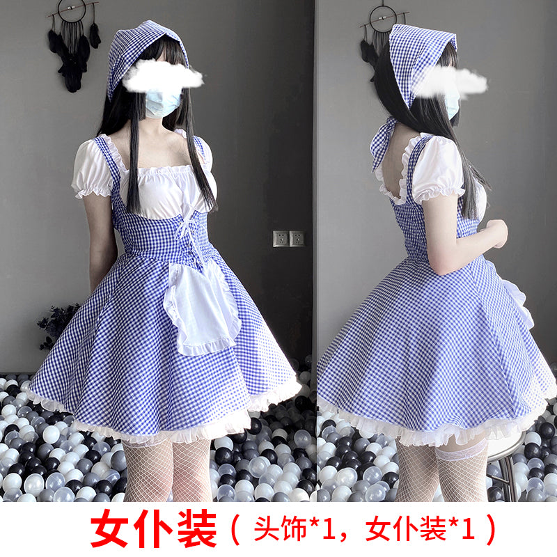 BT2449-情趣內衣甜美藍格女傭女僕裝系帶連衣裙制服