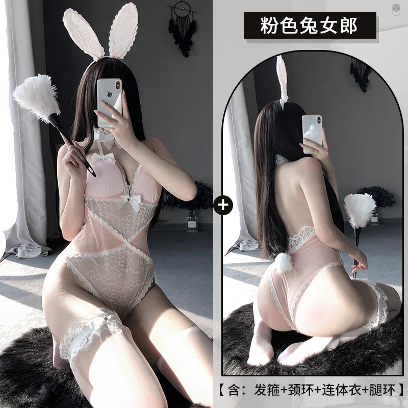 BT2433-情趣內衣性感甜美鏤空兔女郎開檔免脫連體衣制服套裝