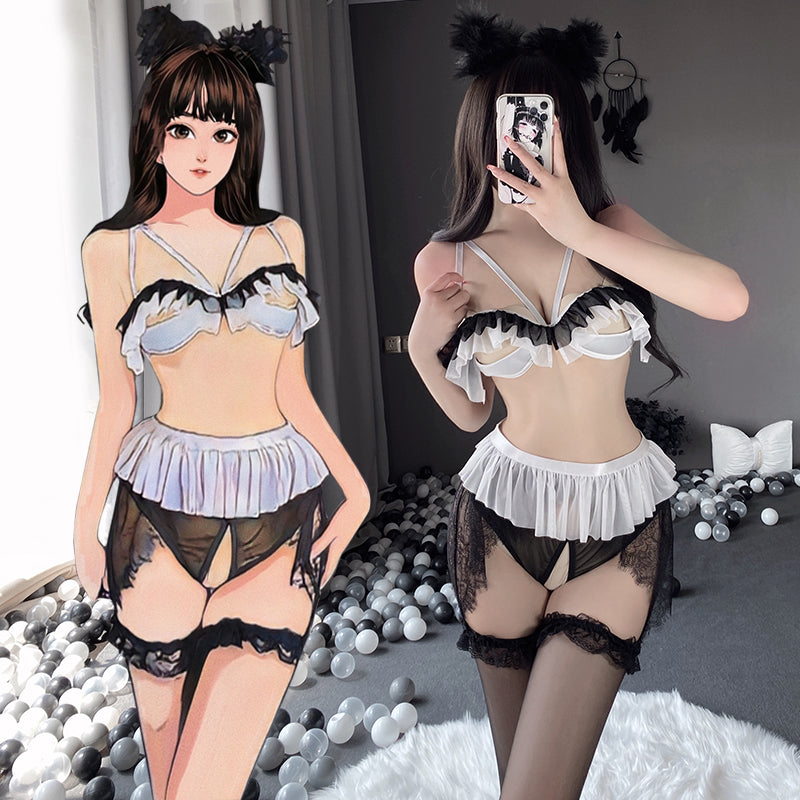 BT2564-情趣內衣性感荷葉邊露乳誘惑開檔免脫透明分體制服