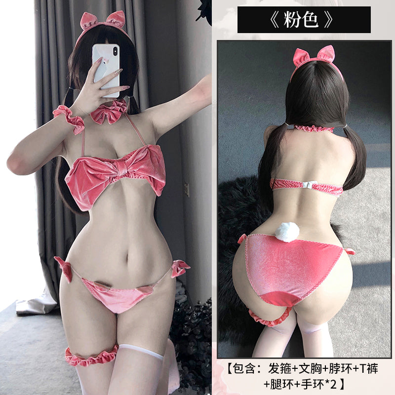 BT2431-情趣內衣制服誘惑金絲絨蝴蝶結抹胸性感俏皮兔女郎套裝