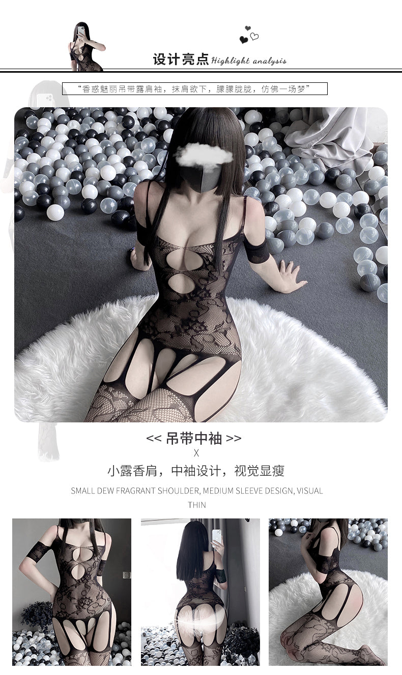 BF3107-情趣內衣性感連體鏤空網衣大碼開襠露乳吊帶抹胸裝女