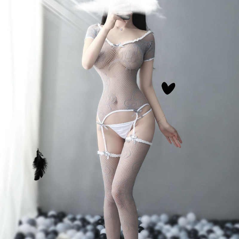 AO6065-情趣內衣露乳性感開檔提花網衣誘惑連身襪一件代發