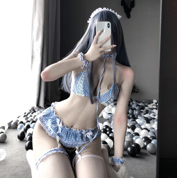BT2398-情趣內衣性感任你擺佈藍格紋三點可愛女僕套裝