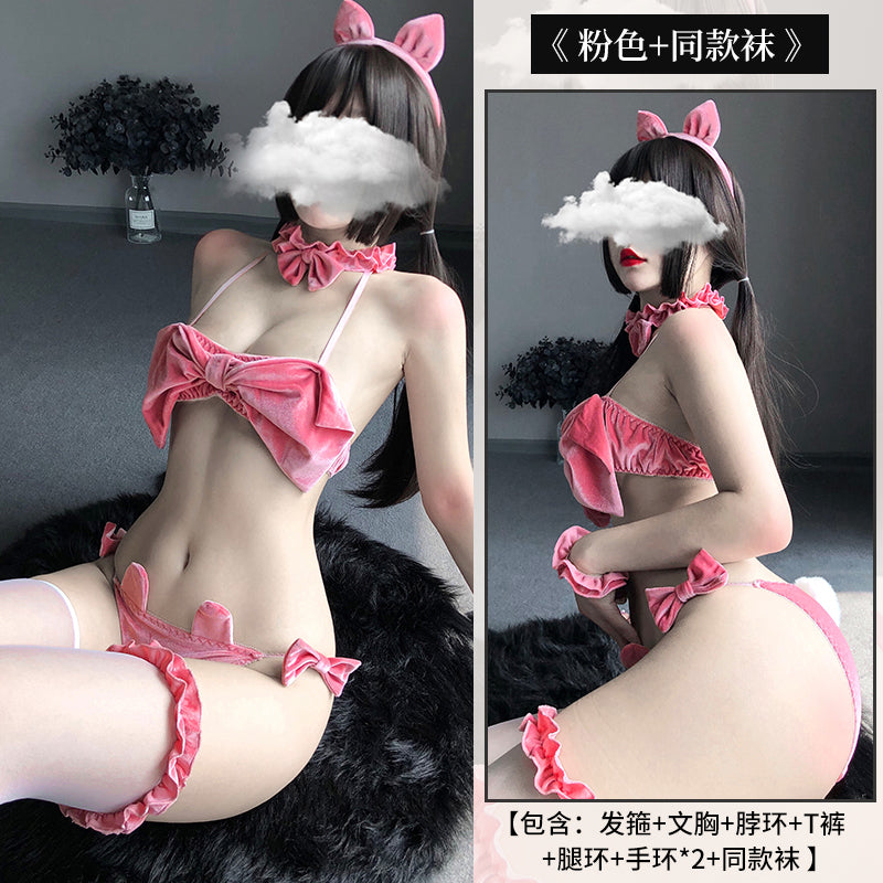 BT2431-情趣內衣制服誘惑金絲絨蝴蝶結抹胸性感俏皮兔女郎套裝