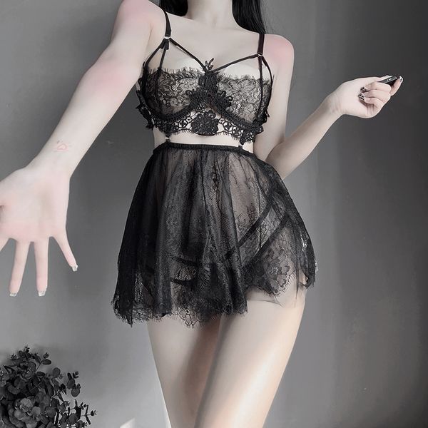 BS2302-新款情趣內衣水溶浮花蕾絲吊帶短裙性感鏤空睡衣內衣