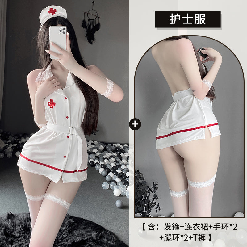 BT1024-情趣內衣女性感V領激情短裙護士角色扮演制服套裝