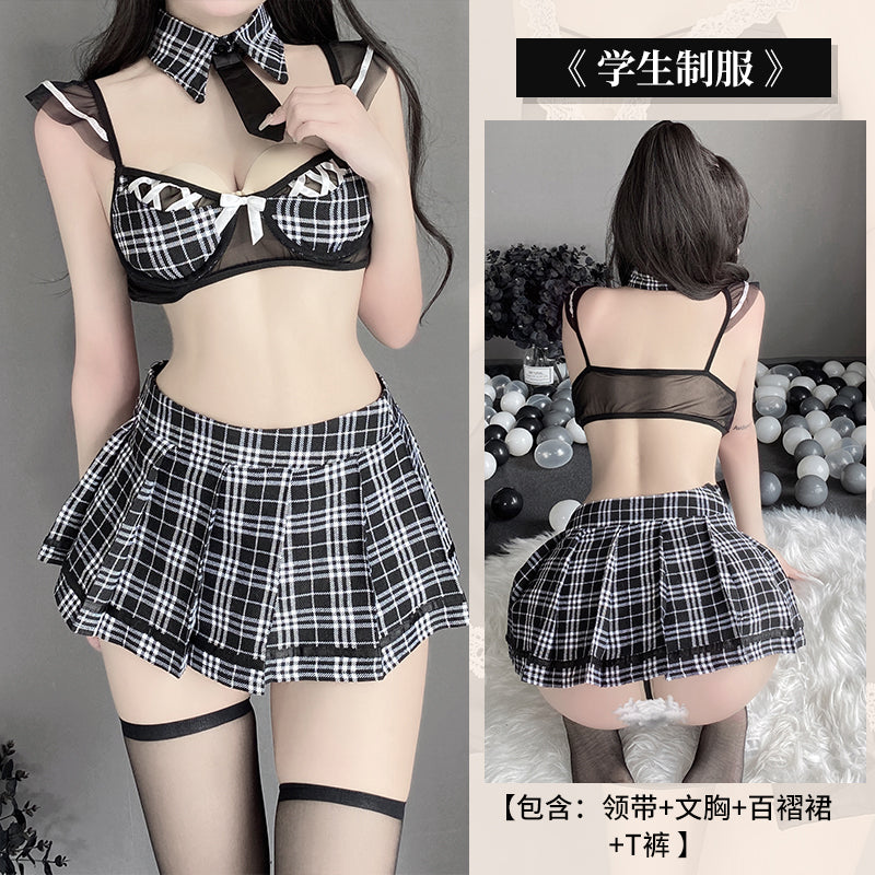 BT2567-情趣內衣性感鏤空純欲三點誘惑格子學生裝制服套裝