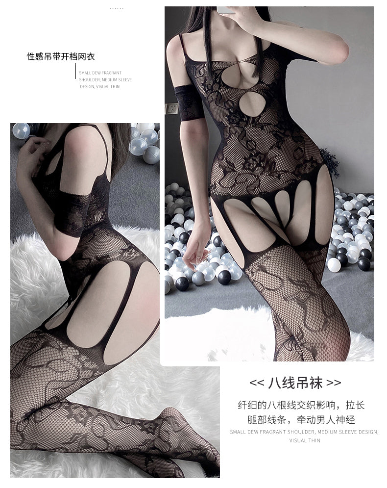 BF3107-情趣內衣性感連體鏤空網衣大碼開襠露乳吊帶抹胸裝女