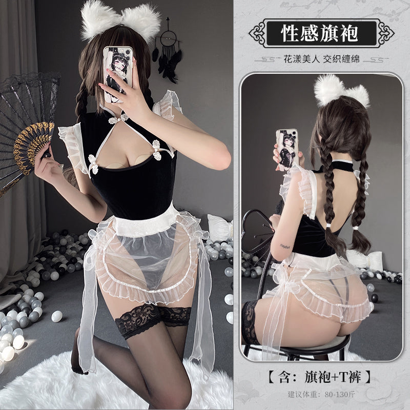 BT2565-情趣內衣性感透視誘惑綁帶露乳旗袍修身挑逗制服套裝