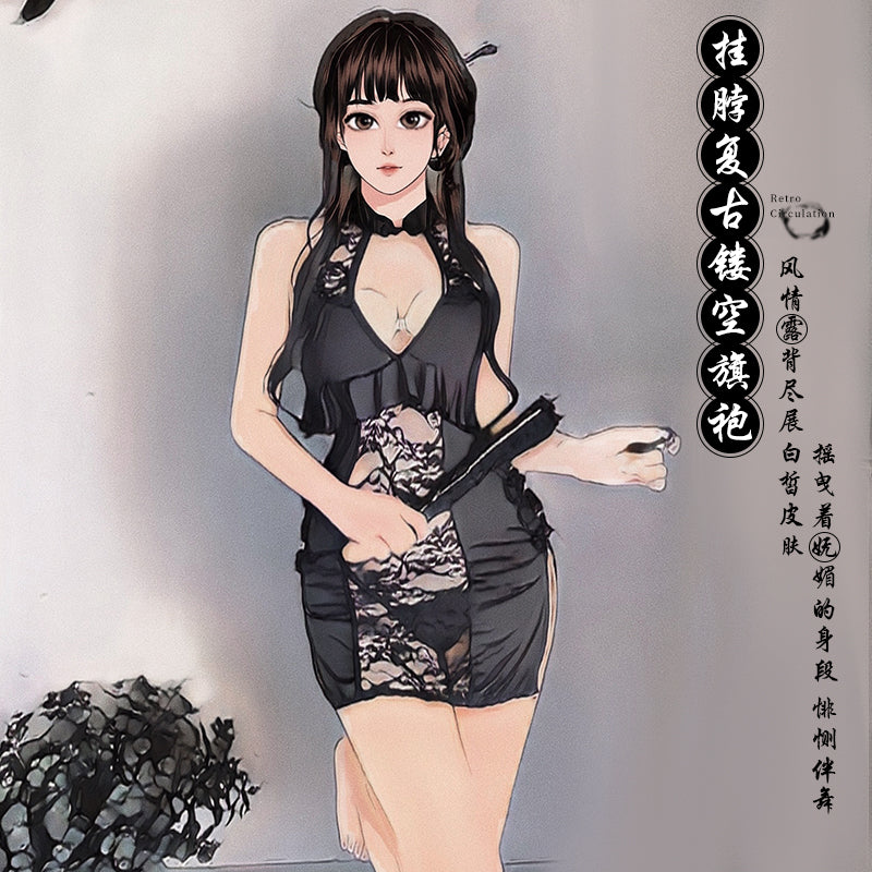 BT9153-情趣內衣復古鏤空透視印花旗袍制服套裝