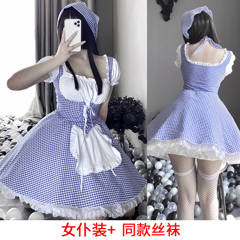 BT2449-情趣內衣甜美藍格女傭女僕裝系帶連衣裙制服