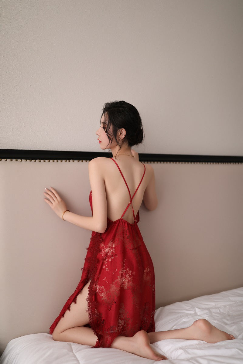 【A-1365】情趣內衣蕾絲誘惑性感內衣側開叉吊帶睡裙女透明