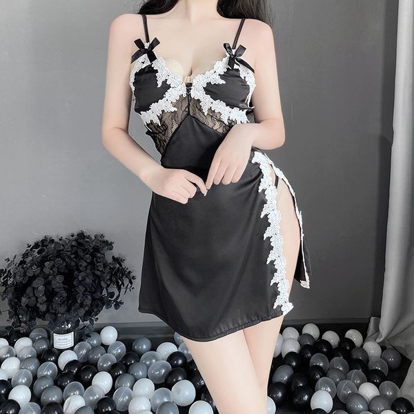 BS2533-薄款女式性感情趣內衣深V誘惑側邊開叉刺繡吊帶睡裙