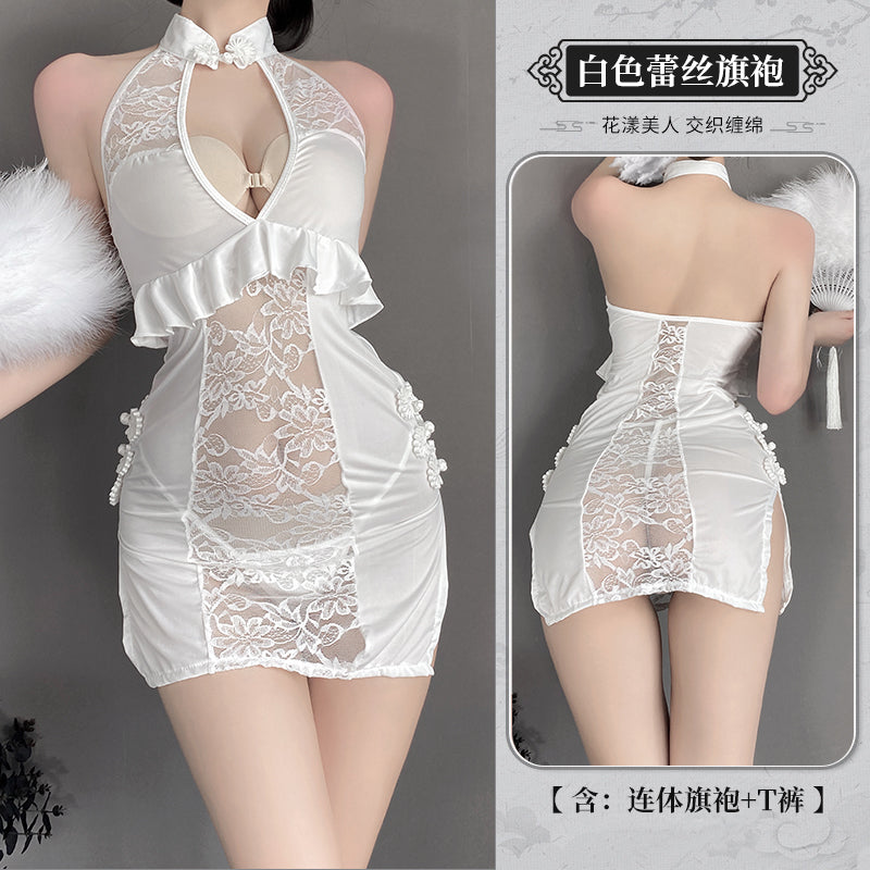 BT9153-情趣內衣復古鏤空透視印花旗袍制服套裝