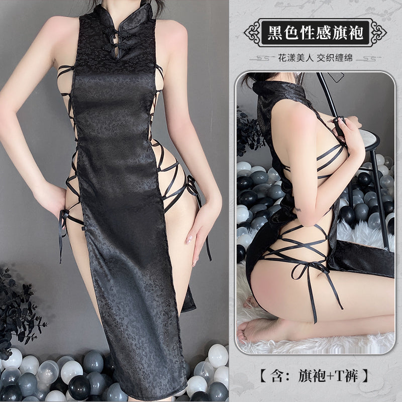 BT2384-情趣內衣復古盤扣性感誘惑綁帶高開叉提花緞旗袍睡裙女