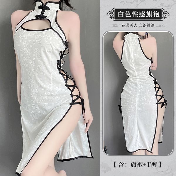 BT2374-情趣內衣性感復古絲絨修身睡裙側邊綁帶誘惑旗袍制服套裝