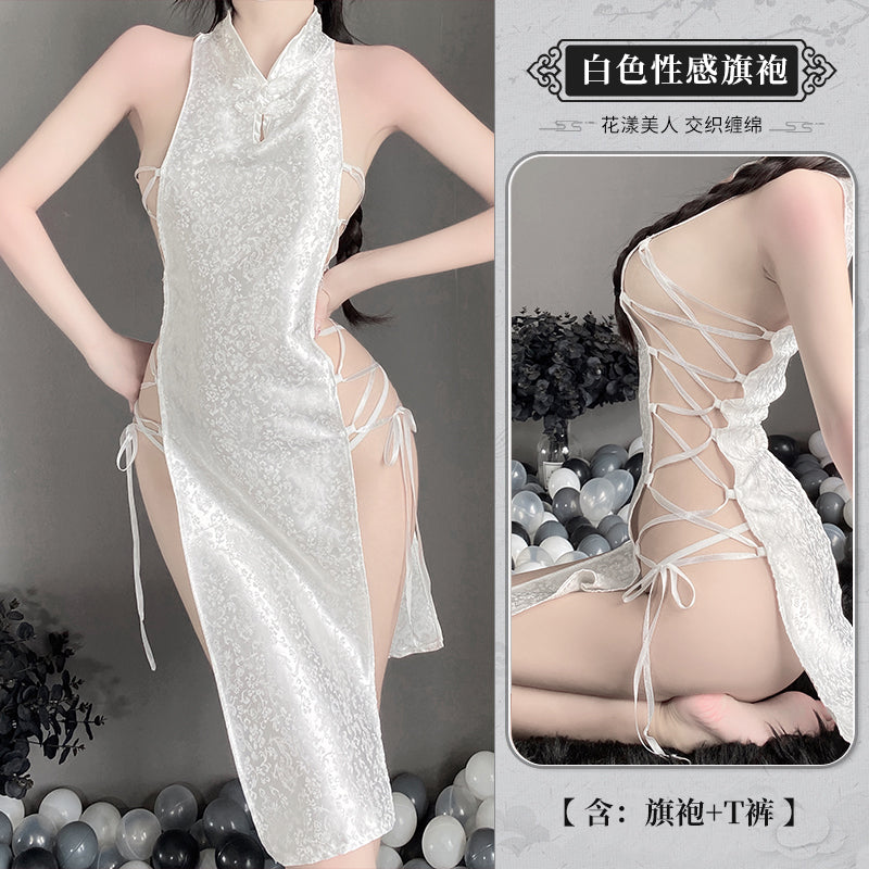BT2384-情趣內衣復古盤扣性感誘惑綁帶高開叉提花緞旗袍睡裙女
