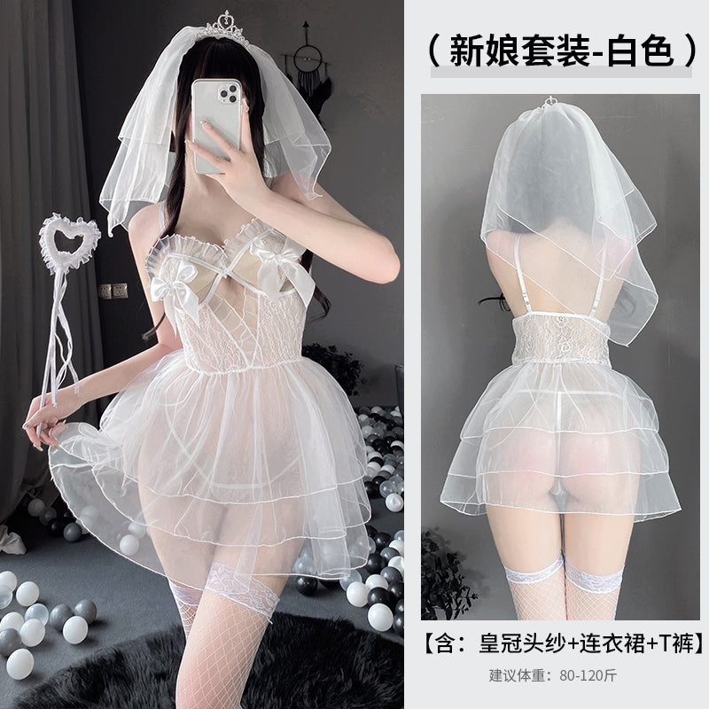BT2541-情趣內衣性感小胸甜美網紗新娘開檔免脫連體衣制服騷
