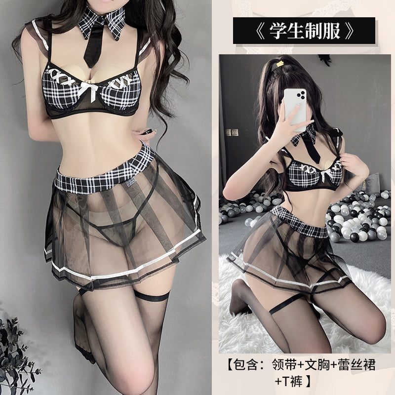 BT2567-情趣內衣性感鏤空純欲三點誘惑格子學生裝制服套裝