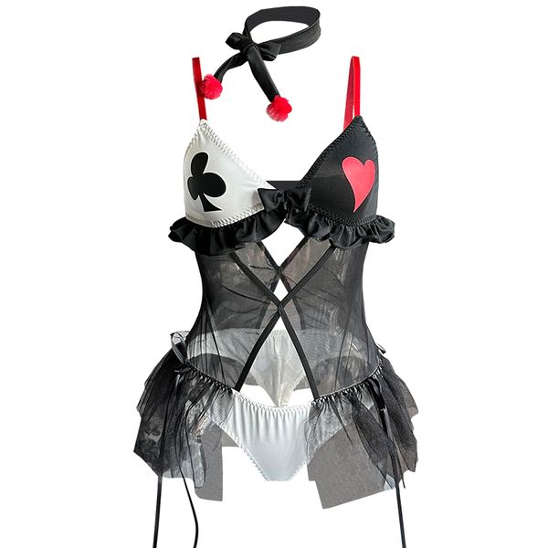BT2615-情趣內衣女性感透視網紗撲克牌小丑三點式制服套裝誘惑