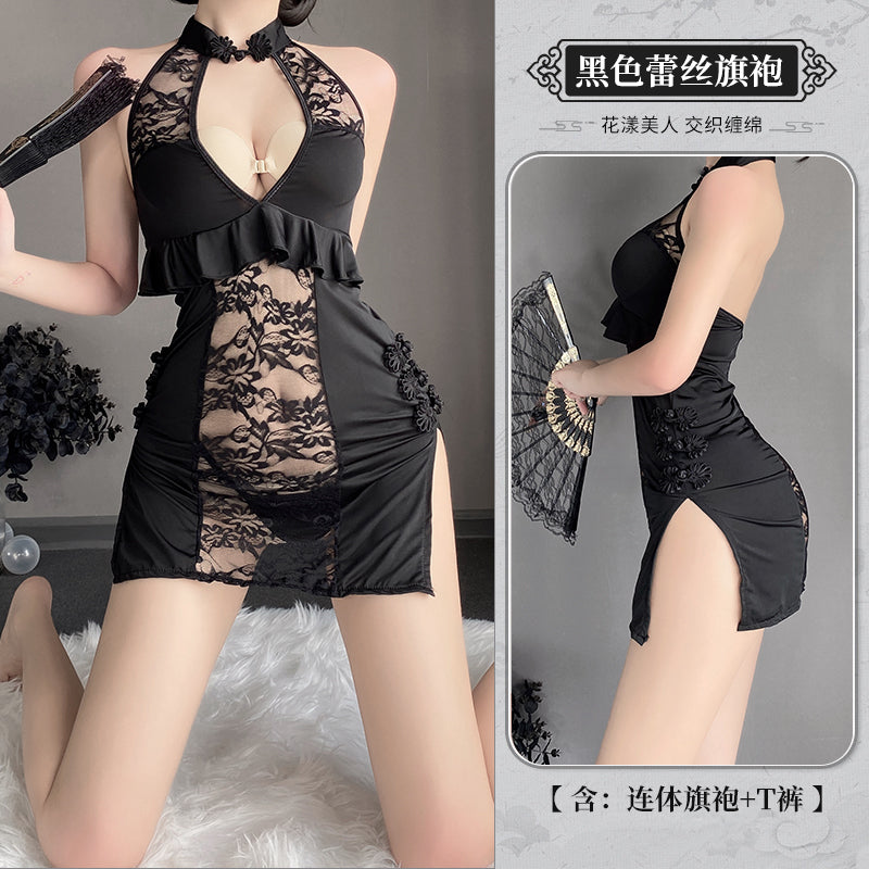 BT9153-情趣內衣復古鏤空透視印花旗袍制服套裝