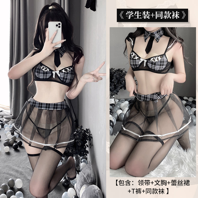 BT2567-情趣內衣性感鏤空純欲三點誘惑格子學生裝制服套裝