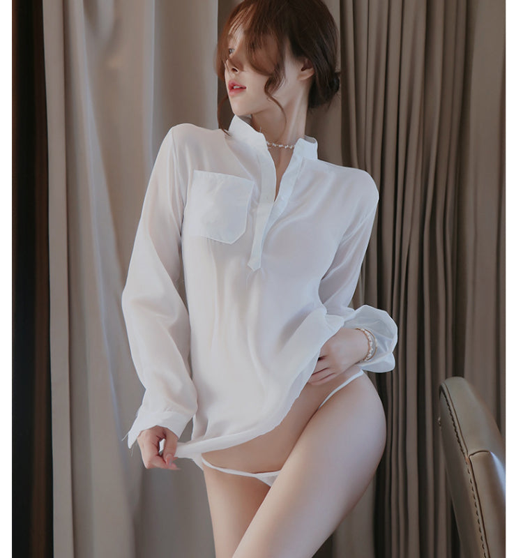 【A-1016】情趣內衣女士白襯衫制服誘惑性感透視家居服包臀套裝