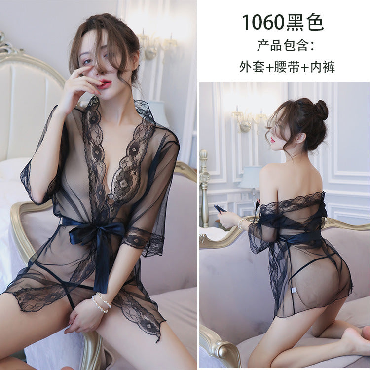 【A-1060】情趣內衣女士性感浴袍蕾絲網紗睡衣透明誘惑裝