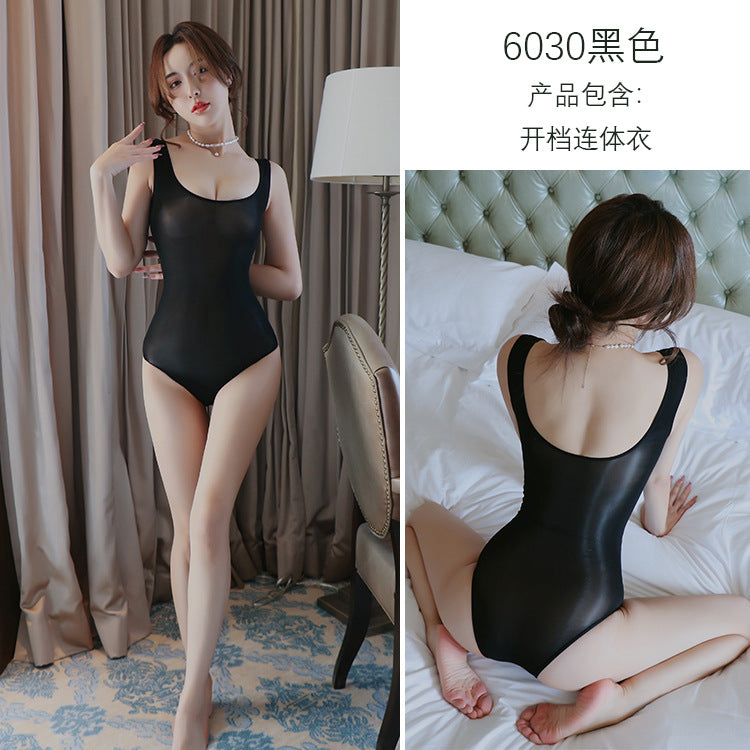AO6030-情趣內衣女士性感絲襪透明油亮包芯絲馬油開襠連體衣