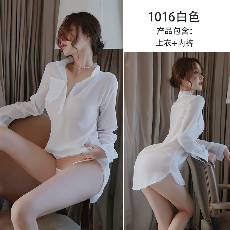 【A-1016】情趣內衣女士白襯衫制服誘惑性感透視家居服包臀套裝