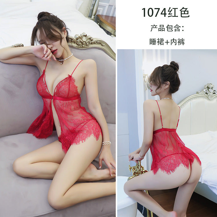 【A-1074】情趣內衣性感吊帶蕾絲開叉睡裙誘惑短裙挑逗床上誘惑