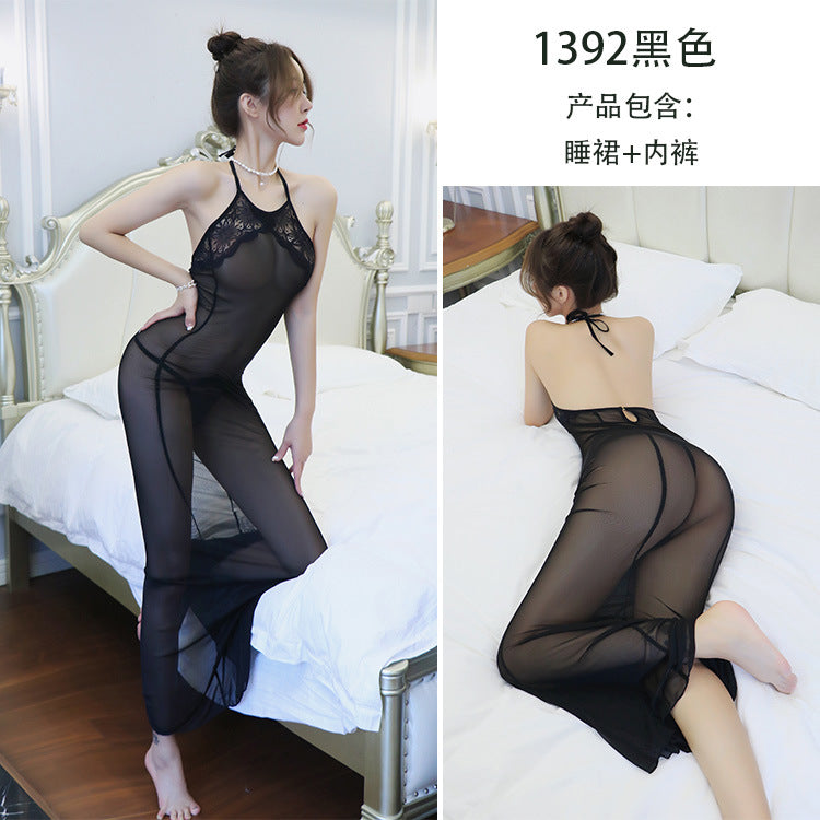 【A-1392】情趣內衣女性感誘惑吊帶睡裙蕾絲透明長裙代發