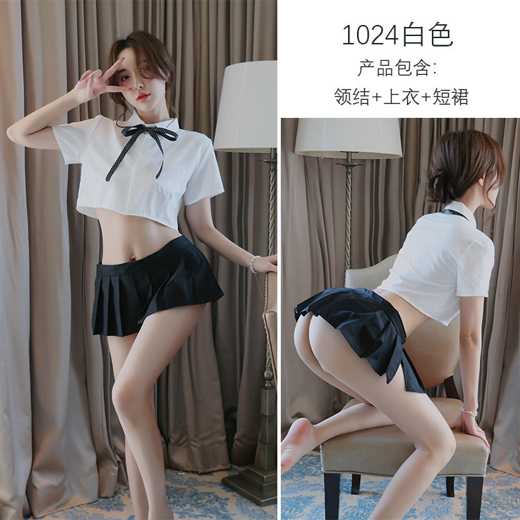 【A-1024】情趣內衣性感透視學生白襯衫蝴蝶結制服誘惑百褶短裙