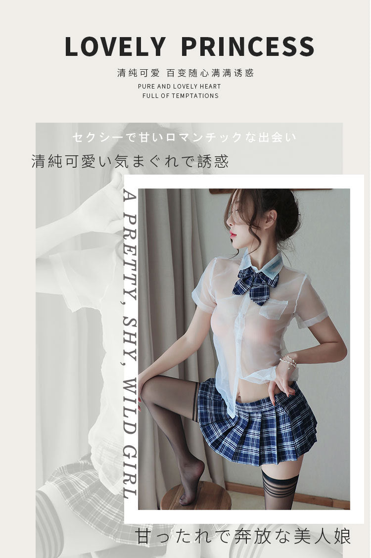 【A-1508】情趣內衣女襯衫性感透視學生蝴蝶結領結百褶裙