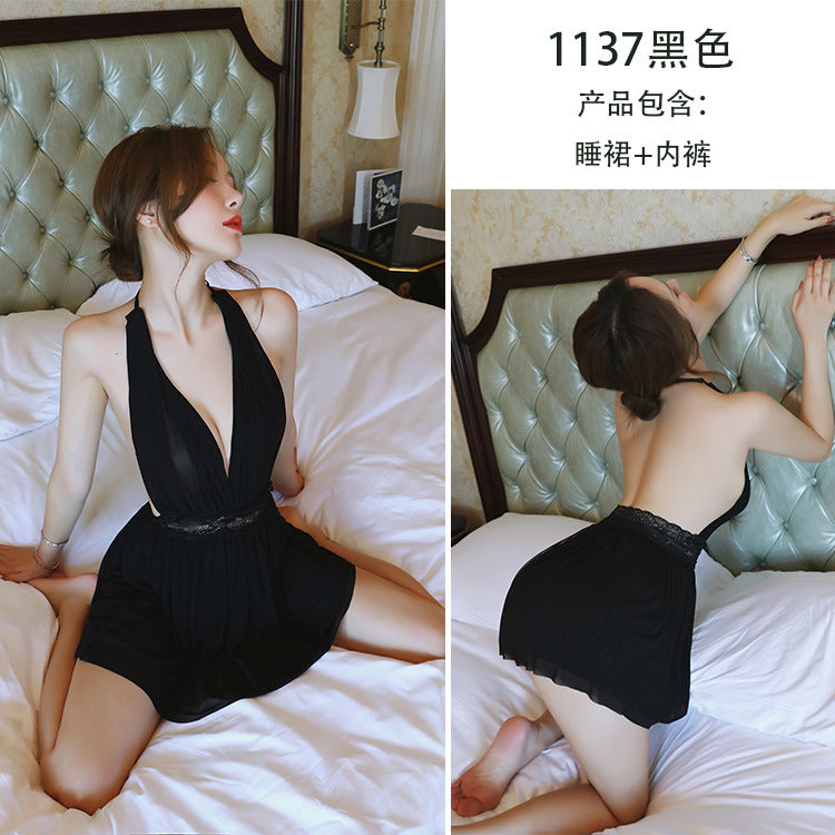【A-1137】情趣內衣女網紗透視掛脖露背睡衣性感誘惑睡裙家居服