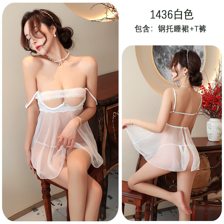 【A-1436】性感內衣女睡衣性感透視蕾絲鋼圈聚攏睡衣制服誘惑激情開檔