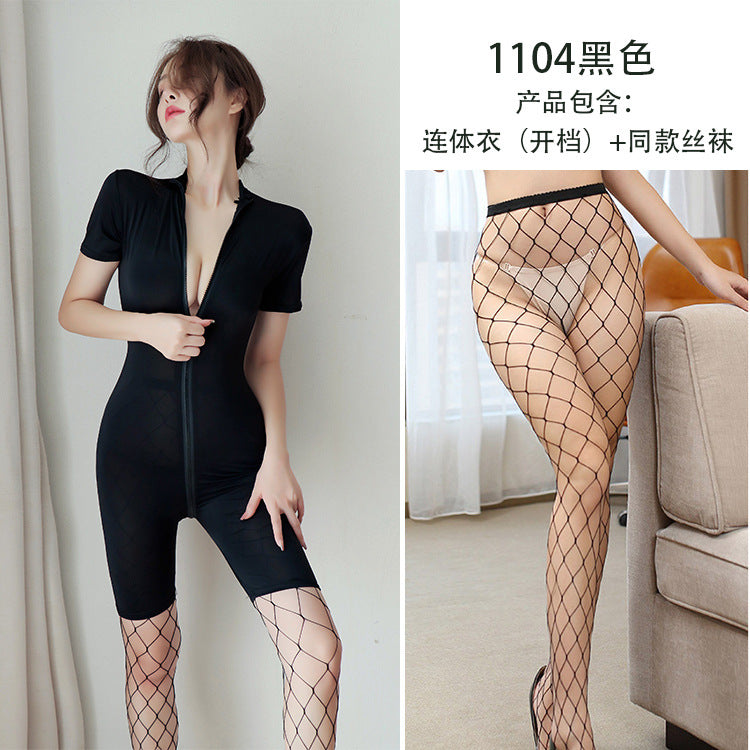 【A-1104】情趣內衣女性感絲滑泳布拉鍊短袖開檔免脫性感連體衣