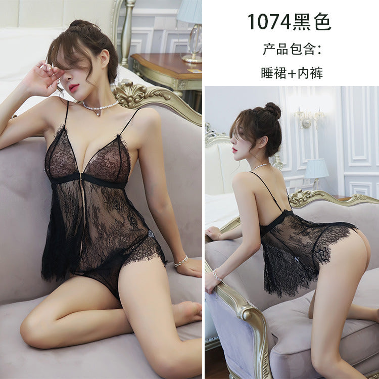 【A-1074】情趣內衣性感吊帶蕾絲開叉睡裙誘惑短裙挑逗床上誘惑