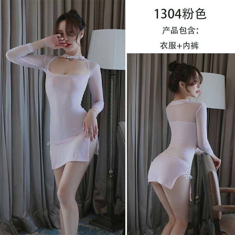 【A-1304】情趣內衣女式性感睡衣開衩旗袍制服鏤空系帶複古裝