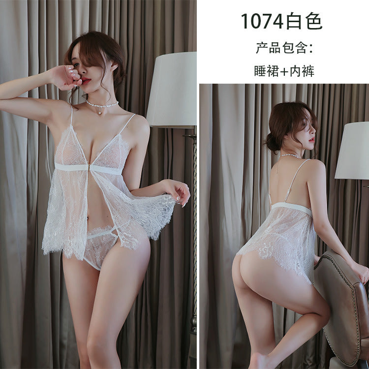 【A-1074】情趣內衣性感吊帶蕾絲開叉睡裙誘惑短裙挑逗床上誘惑