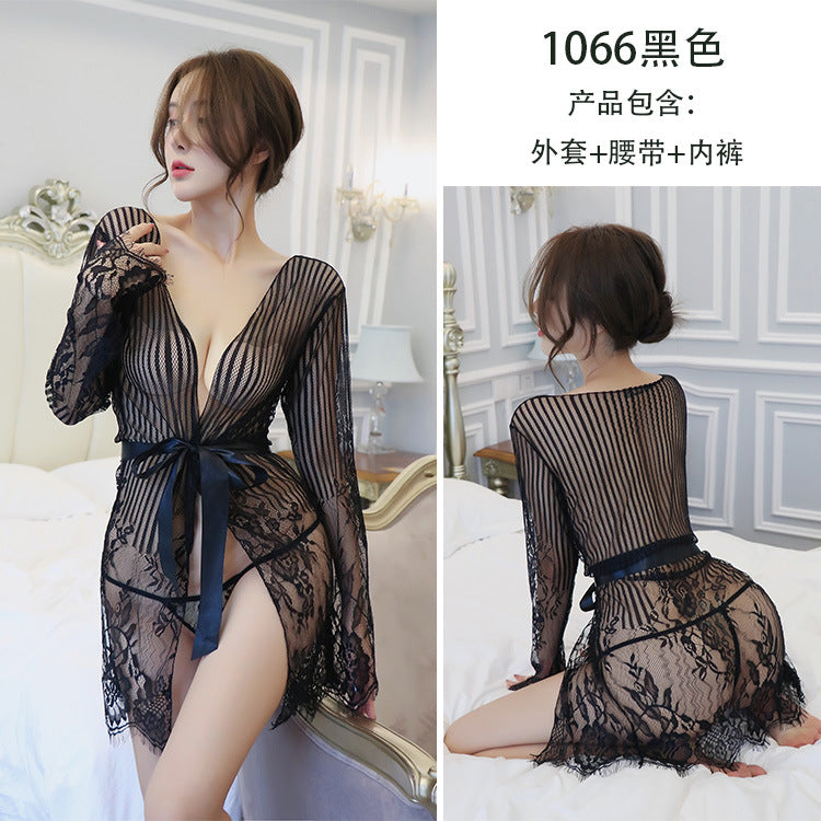 【A-1066】情趣內衣女性感蕾絲條紋睡衣透視大碼誘惑套裝