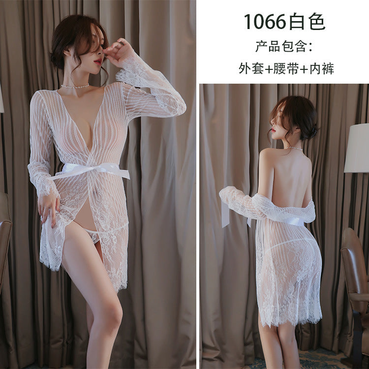 【A-1066】情趣內衣女性感蕾絲條紋睡衣透視大碼誘惑套裝