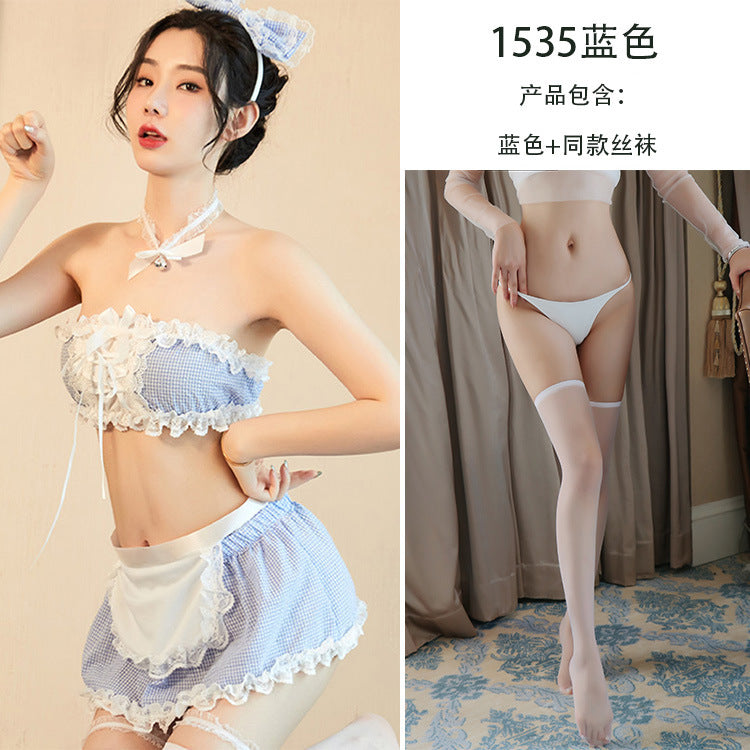 【A-1535】情趣內衣女性感藍格女傭女僕制服誘惑套裝代發