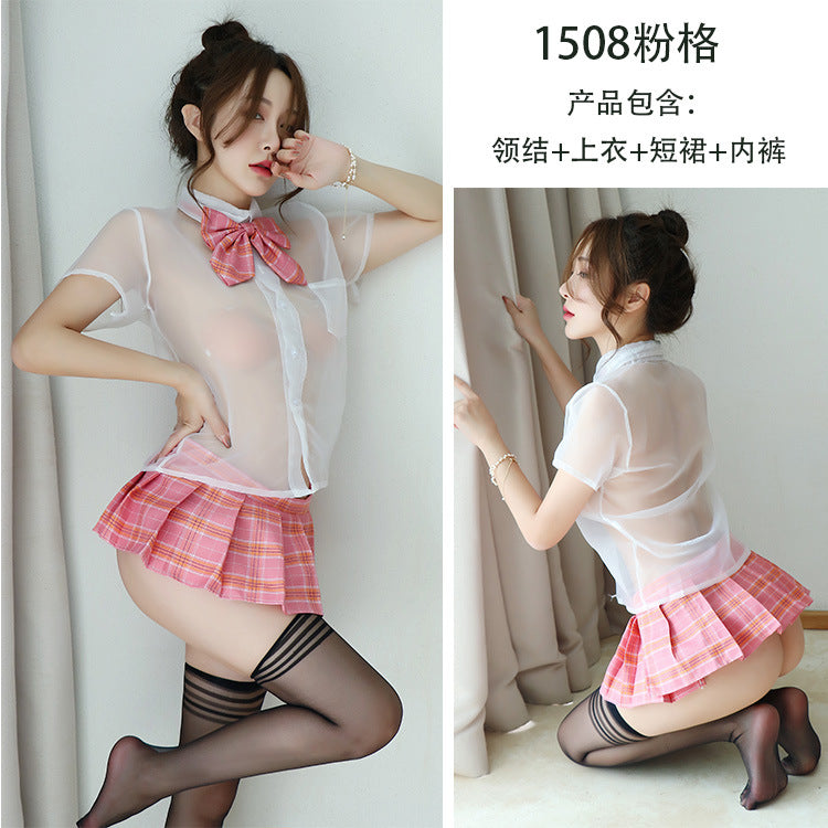 【A-1508】情趣內衣女襯衫性感透視學生蝴蝶結領結百褶裙