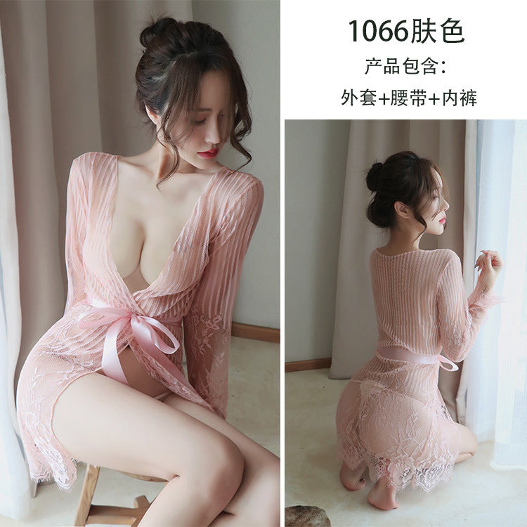 【A-1066】情趣內衣女性感蕾絲條紋睡衣透視大碼誘惑套裝