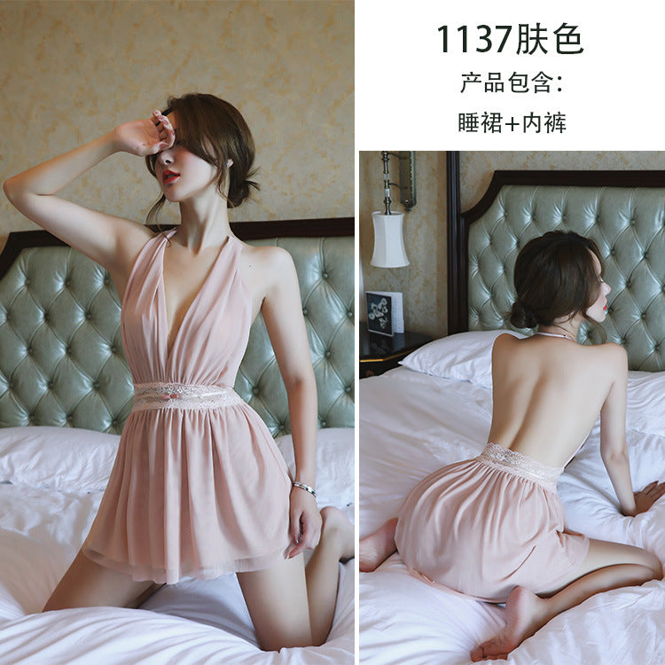 【A-1137】情趣內衣女網紗透視掛脖露背睡衣性感誘惑睡裙家居服