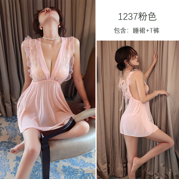 【A-1237】情趣內衣女性感家居服透視誘惑睡裙網紗開叉露背睡衣