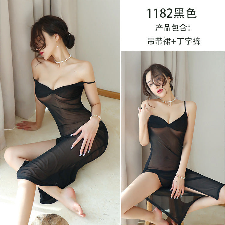 【A-1182】情趣內衣女性感透視網紗帶睡裙開叉睡衣一件代發